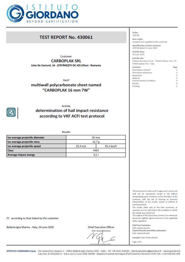 Raport rezistenta grindina 16mm 7W