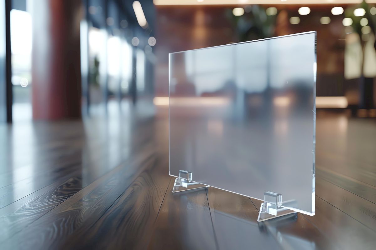 Panou protector transparent din plexiglas amplasat pe podea într-un spațiu modern cu podea din lemn și lumină naturală difuză